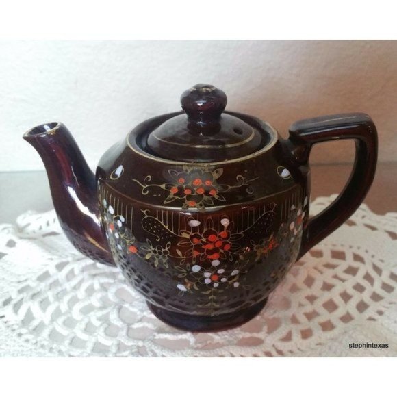 Antqiue Occupied Japan Teapot Brown Glazed Ceramic Hand Painted Flowers - Picture 4 of 12